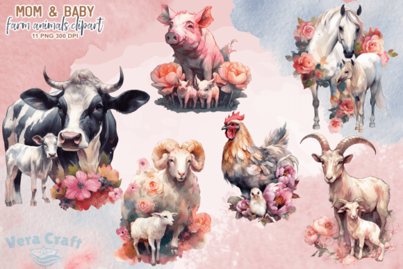 Download Mom&amp;Baby Farm Animals Watercolor Clipart - Clip Collection