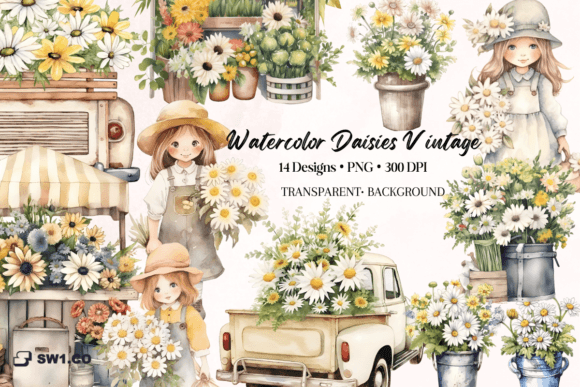 Download Watercolor Vintage Girl Daisies Clipart - Clip Collection