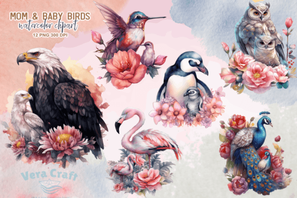 Download Mom &amp; Baby Birds Watercolor Clipart PNG - Clip Collection